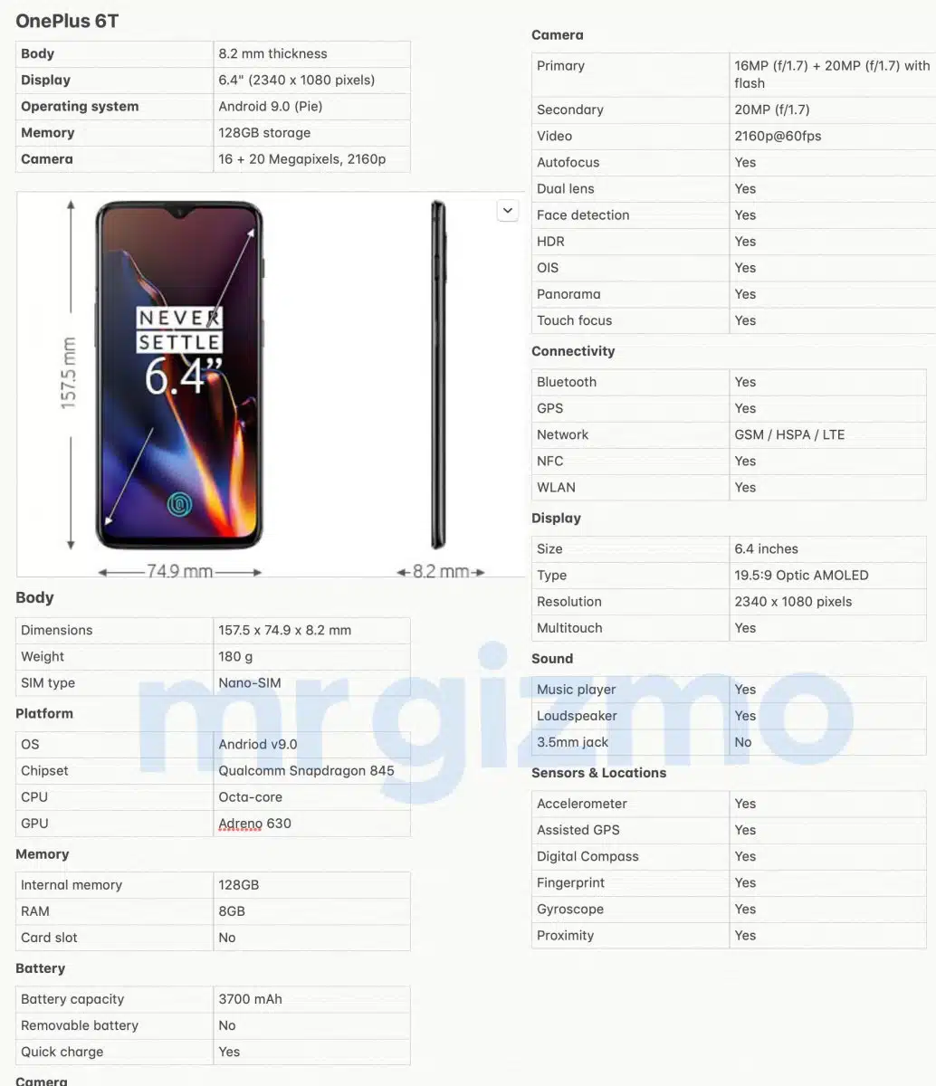 OnePlus 6T spec sheet