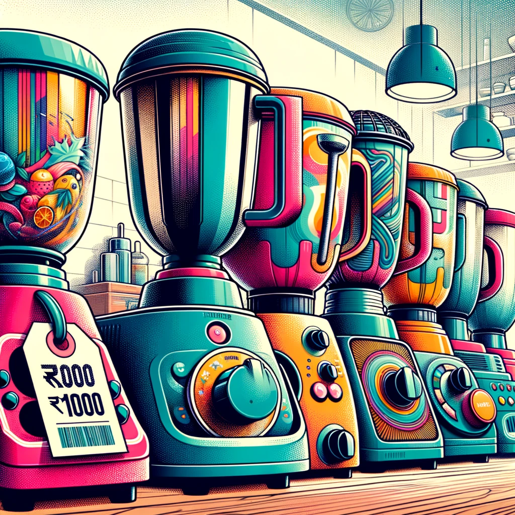 Best Budget Mixer Grinders Under Rs 1000: Features, Performance, and Value 1 DALL·E 2024 02 17 14.09.51 A vibrant and detailed illustration showcasing a variety of mixer grinders lined up each with a unique design and color scheme emphasizing their aff