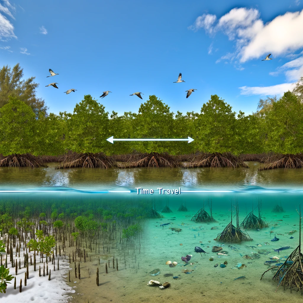 Time Travel into Future Wetlands: Unveiling the Impact of Climate Change 1 DALL·E 2024 02 17 16.14.53 Create an image that visualizes the concept of Time Travel into Future Wetlands under the impact of climate change. Imagine a scene where elements o