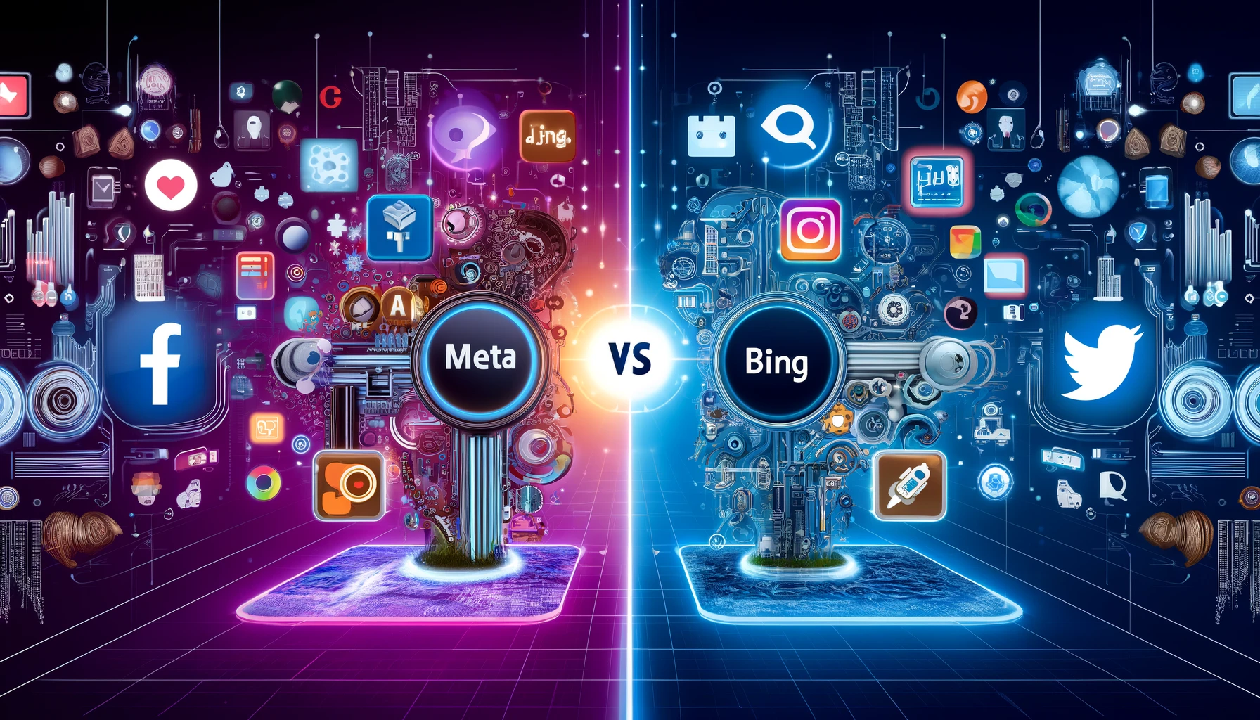 An illustration representing a comparison between Meta AI and Bing AI. The scene is divided into two sections each featuring symbols and icons associ
