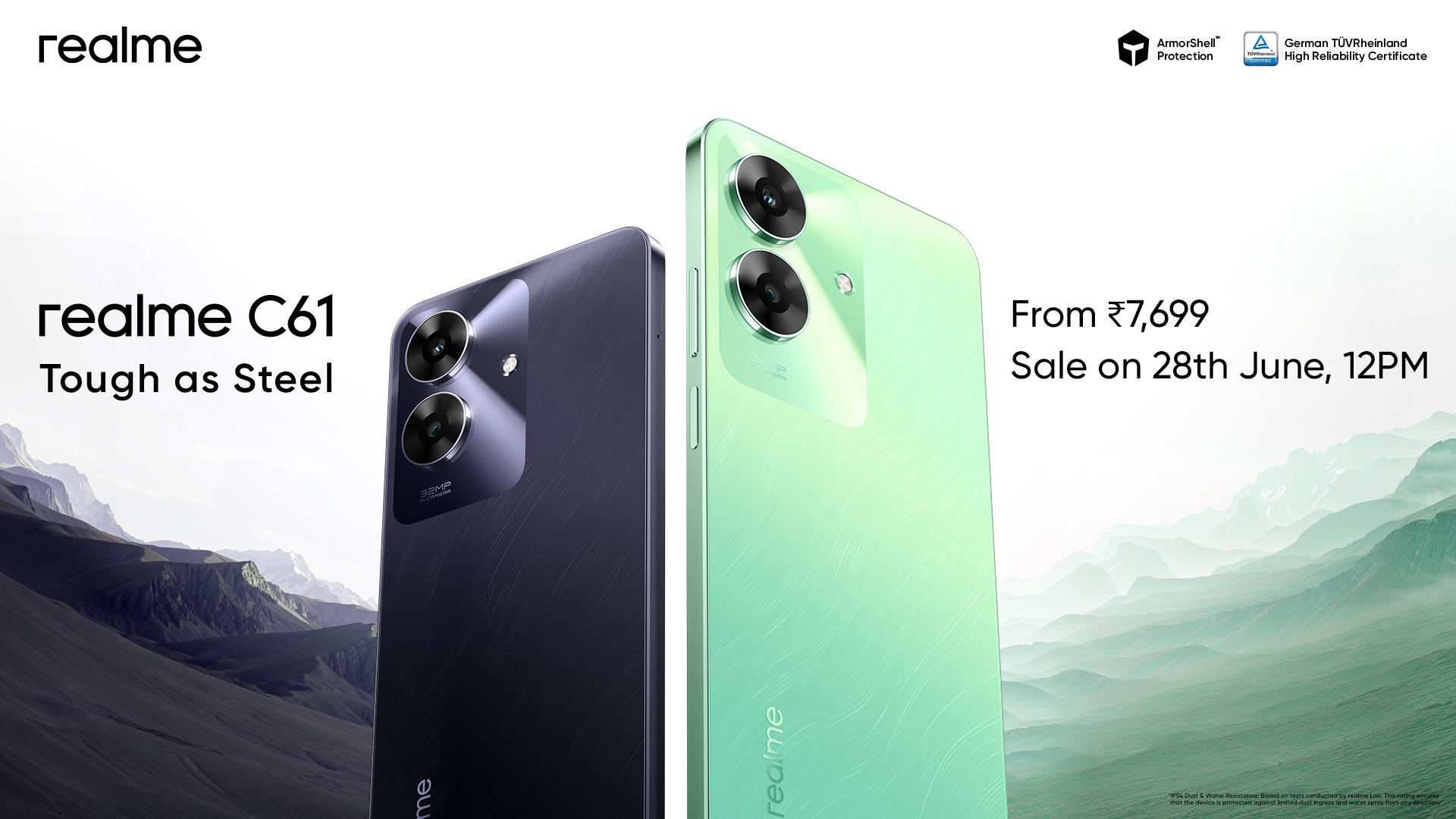 Discover the new Realme C61 launching on June 28. Get all the details on its features, design, and pricing starting at INR 7,699.