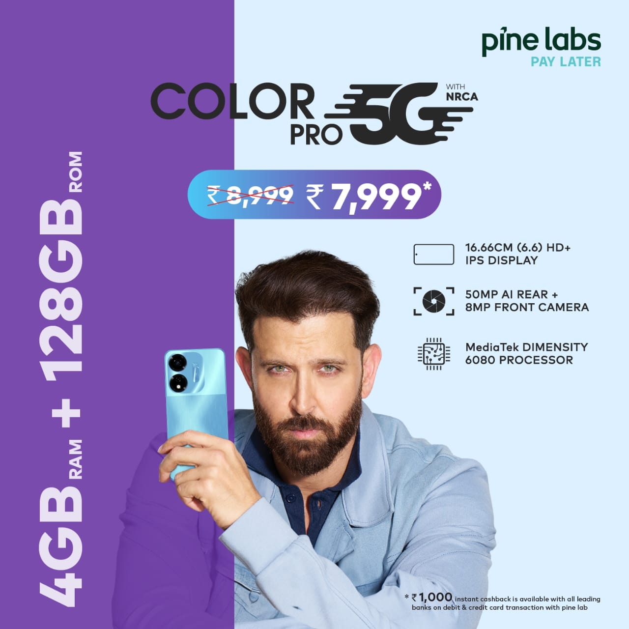 Experience blazing-fast 5G speeds with the itel ColorPro 5G, now with 4GB RAM at just ₹7,999! Enjoy a 50MP camera, 5000mAh battery, and a color-changing design.