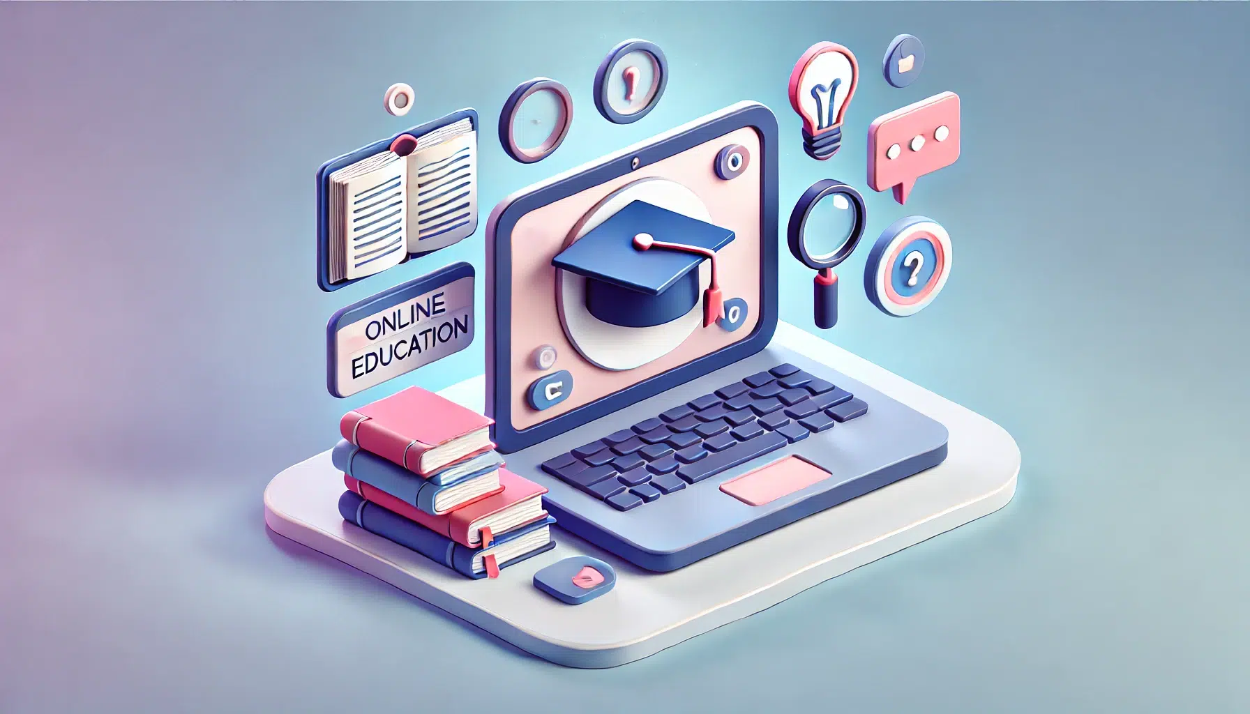 digital illustration of an online education platform displayed on a laptop screen. The screen shows a graduation cap icon in the center wi