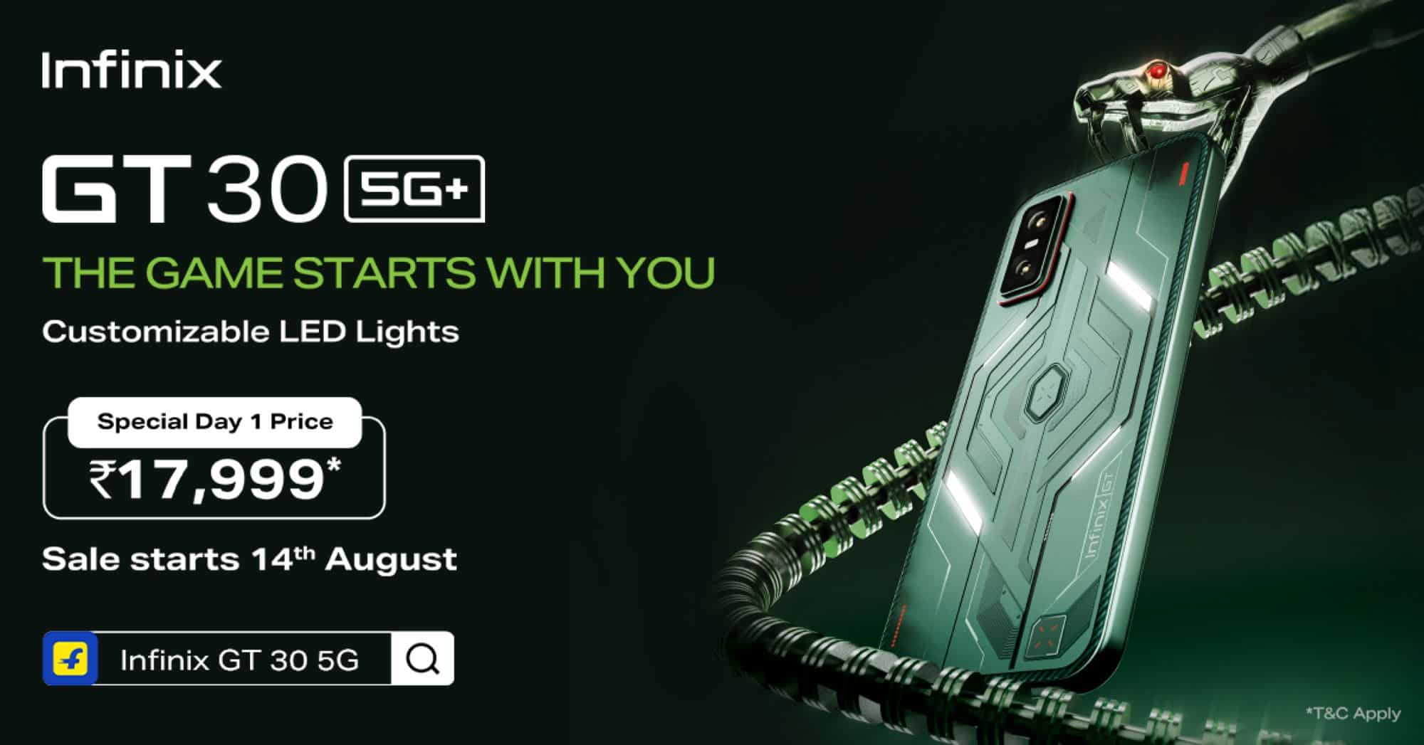 Infinix GT 30 5G+ goes on sale on Flipkart from August 14, starts at INR 17,999