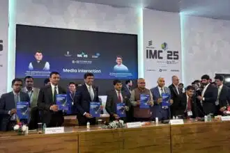 KPMG senior leaders and industry dignitaries at the launch of KPMG latest report titled _'From Automation to Autonomy Reimagining Telecom with Agentic AI'_ at India Mobile Congress 2025