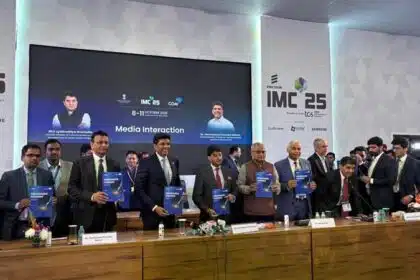 KPMG senior leaders and industry dignitaries at the launch of KPMG latest report titled _'From Automation to Autonomy Reimagining Telecom with Agentic AI'_ at India Mobile Congress 2025