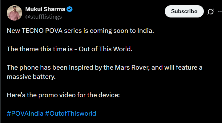 TECNO POVA 7 series with Mars Rover design and large battery arriving in India soon