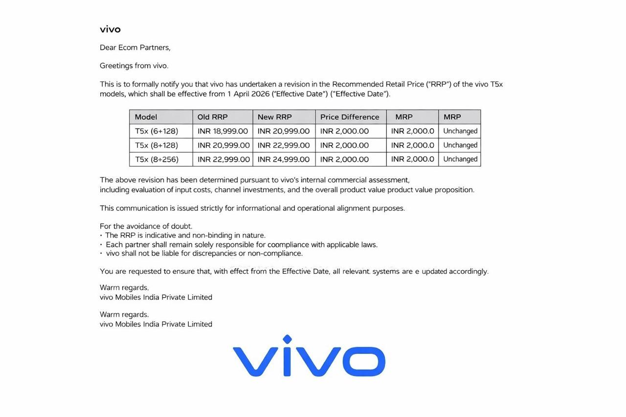 Vivo India increases T5x smartphone prices by Rs 2000 from April 1st